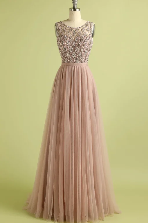 Pink Tulle A Line Princess Prom Dress with Beading