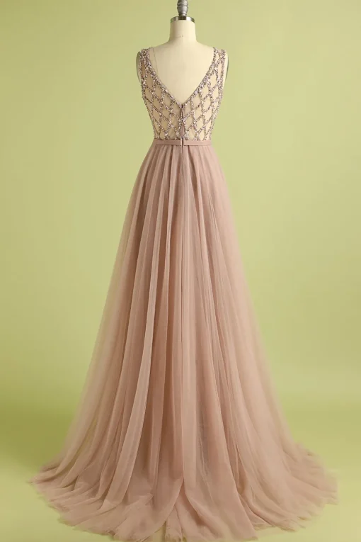 Pink Tulle A Line Princess Prom Dress with Beading