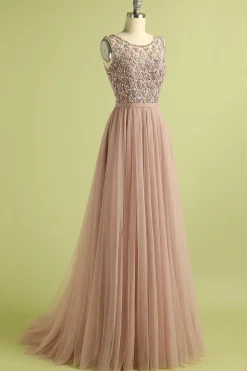 Pink Tulle A Line Princess Prom Dress with Beading