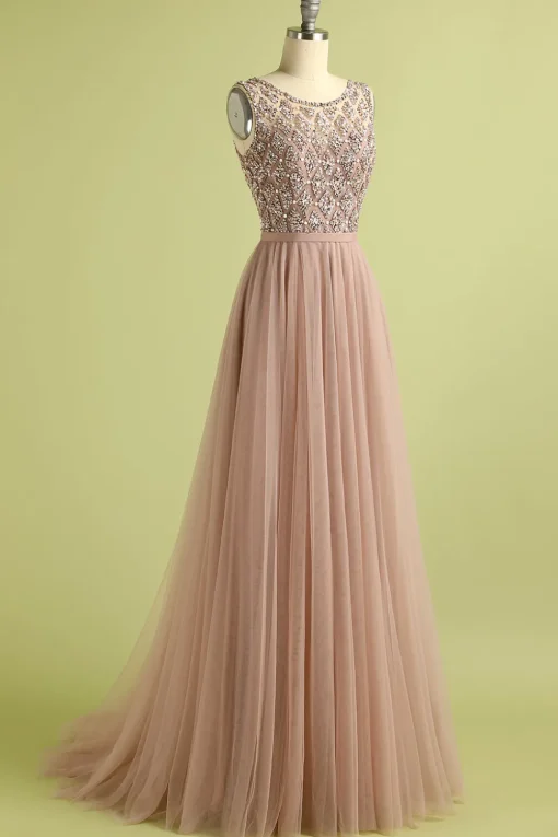 Pink Tulle A Line Princess Prom Dress with Beading