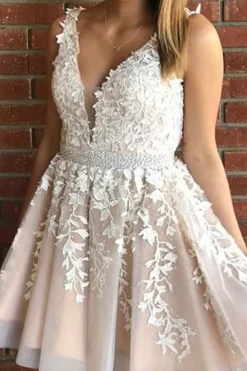 Pink V Neck A Line Graduation Dress