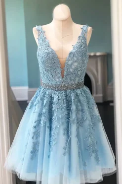 Pink V Neck A Line Graduation Dress