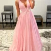 Pink V-Neck Backless Tulle Long Prom Dress