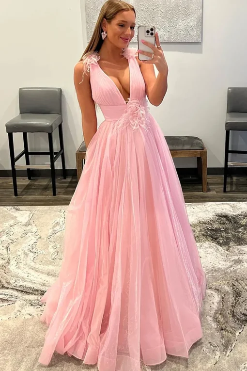 Pink V-Neck Backless Tulle Long Prom Dress