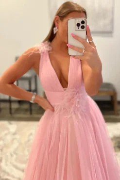 Pink V-Neck Backless Tulle Long Prom Dress