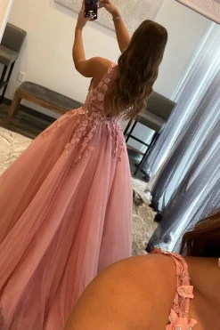 Princess A Line Deep V Neck Blush Long Prom Dress with Appliques