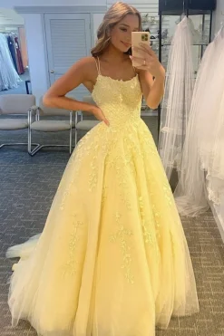 Princess Champagne Spaghetti Straps Prom Dress