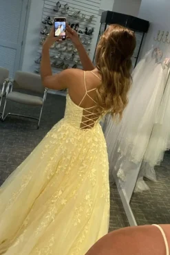 Princess Champagne Spaghetti Straps Prom Dress