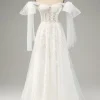Princess White A-Line Lace Up Tulle Corset Wedding Dress with Appliques Lace