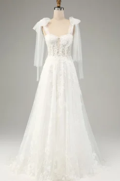 Princess White A-Line Lace Up Tulle Corset Wedding Dress with Appliques Lace