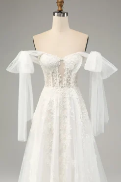 Princess White A-Line Lace Up Tulle Corset Wedding Dress with Appliques Lace