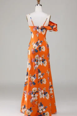 Printed Orange Flower Mermaid Bridesmaid Dress
