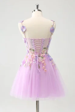 Purple A Line Halter Flowers Tulle Short Homecoming Dress