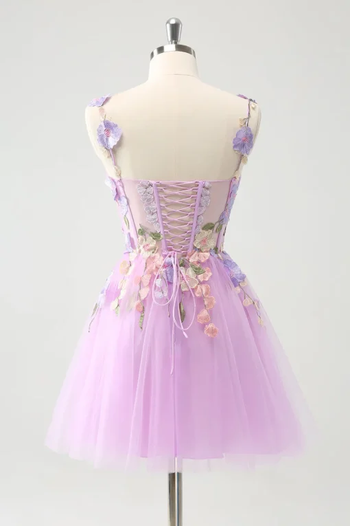 Purple A Line Halter Flowers Tulle Short Homecoming Dress