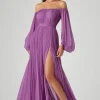 Purple A Line Long Sleeves Long Chiffon Formal Dress with Slit