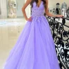 Purple A Line Tulle Long Prom Dress with Appliques
