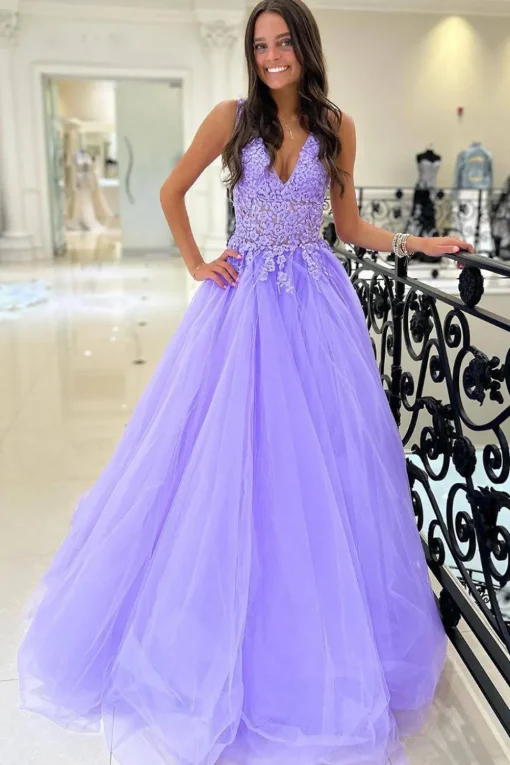 Purple A Line Tulle Long Prom Dress with Appliques