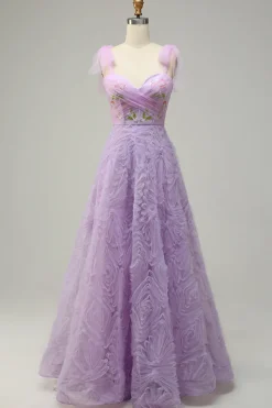Purple A Line Tulle Princess Prom Dress With Embroidery