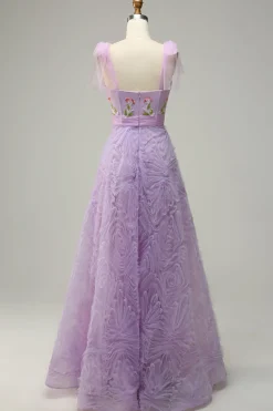 Purple A Line Tulle Princess Prom Dress With Embroidery