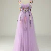 Purple A Line Tulle Prom Dress with Appliques