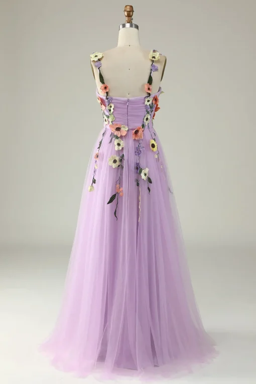 Purple A Line Tulle Prom Dress with Appliques