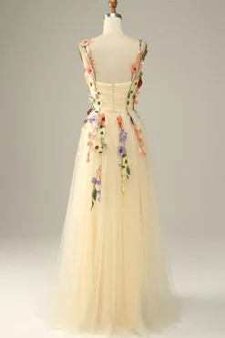 Purple A Line Tulle Prom Dress with Appliques
