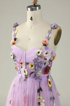 Purple A Line Tulle Prom Dress with Appliques