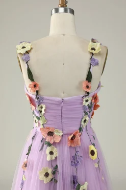 Purple A Line Tulle Prom Dress with Appliques