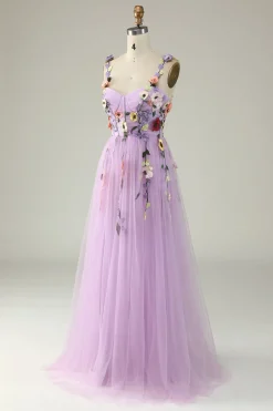 Purple A Line Tulle Prom Dress with Appliques