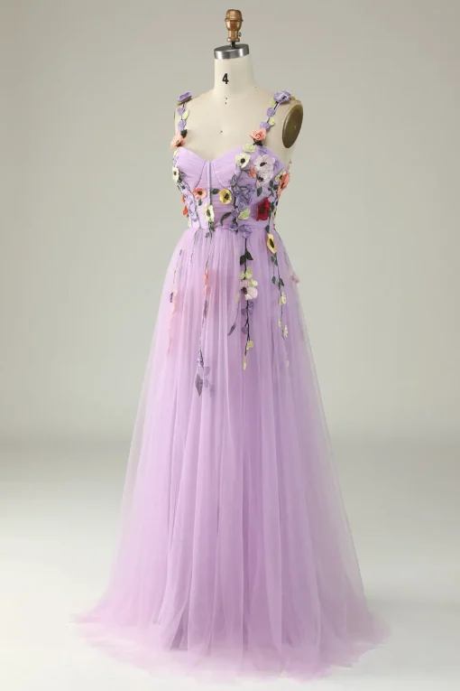 Purple A Line Tulle Prom Dress with Appliques
