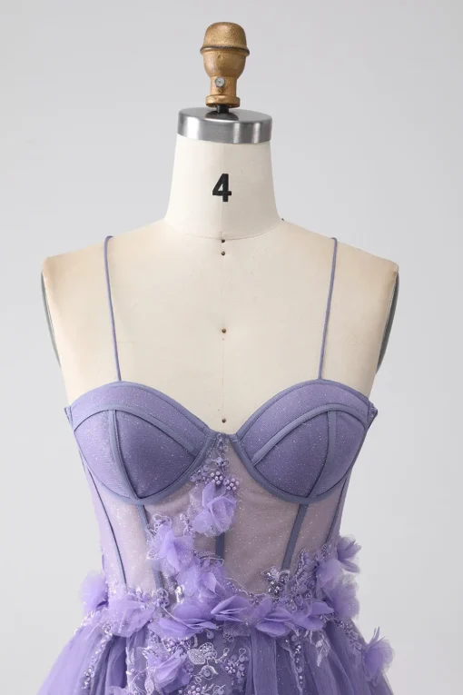 Purple A-Line Spaghetti Straps Corset Prom Dress with 3D Flowers