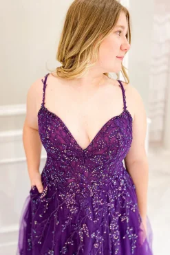 Purple Beading Tulle Plus Size Prom Dress with Slit