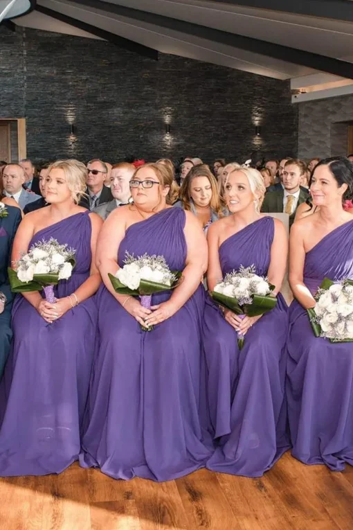 Purple Chiffon One Shoulder Tunic A-Line Long Bridesmaid Dress