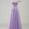 Purple Corset A-Line Long Tulle Prom Dress with Lace