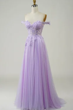 Purple Corset A-Line Long Tulle Prom Dress with Lace