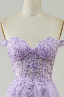 Purple Corset A-Line Long Tulle Prom Dress with Lace