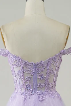 Purple Corset A-Line Long Tulle Prom Dress with Lace