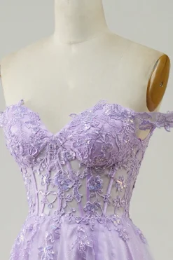 Purple Corset A-Line Long Tulle Prom Dress with Lace