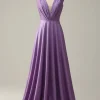 Purple Deep V-neck Sparkly Prom Dress