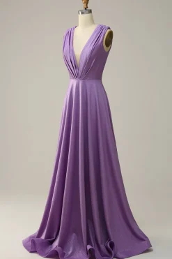 Purple Deep V-neck Sparkly Prom Dress