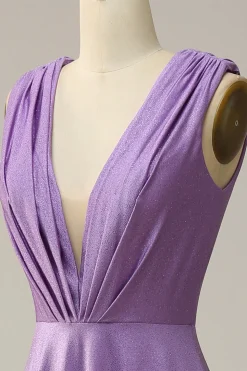 Purple Deep V-neck Sparkly Prom Dress
