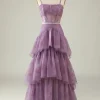 Purple Floral Print Spaghetti Straps Tulle Corset Prom Dress
