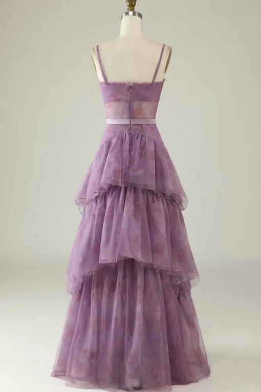 Purple Floral Print Spaghetti Straps Tulle Corset Prom Dress