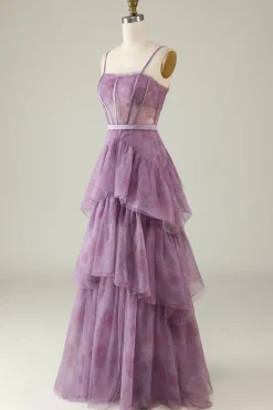 Purple Floral Print Spaghetti Straps Tulle Corset Prom Dress