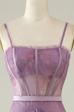 Purple Floral Print Spaghetti Straps Tulle Corset Prom Dress