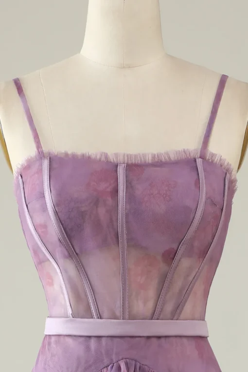 Purple Floral Print Spaghetti Straps Tulle Corset Prom Dress
