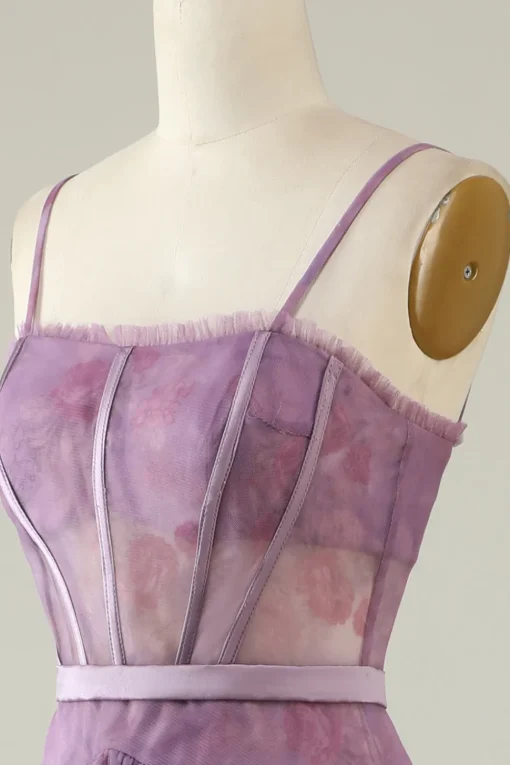 Purple Floral Print Spaghetti Straps Tulle Corset Prom Dress