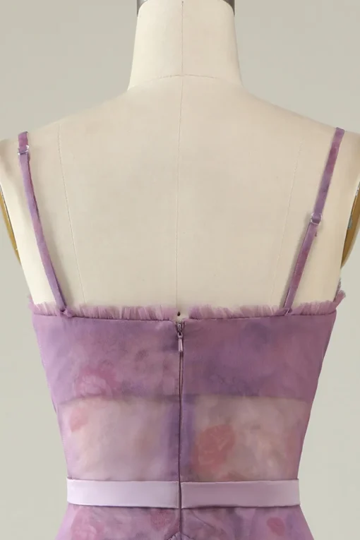 Purple Floral Print Spaghetti Straps Tulle Corset Prom Dress
