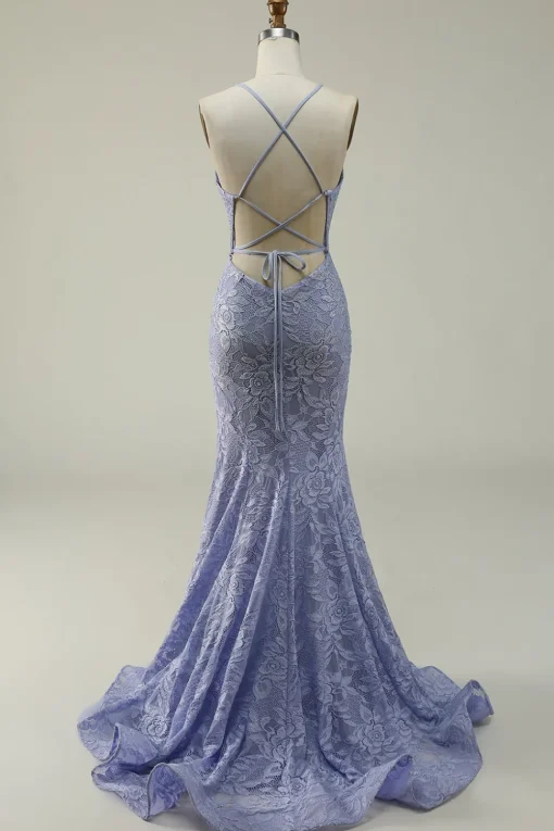 Purple Lace Mermaid Prom Dress with Slit
