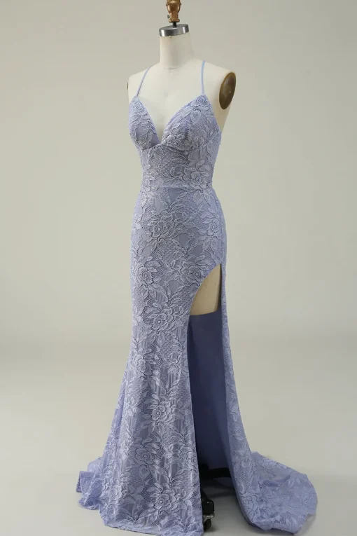 Purple Lace Mermaid Prom Dress with Slit